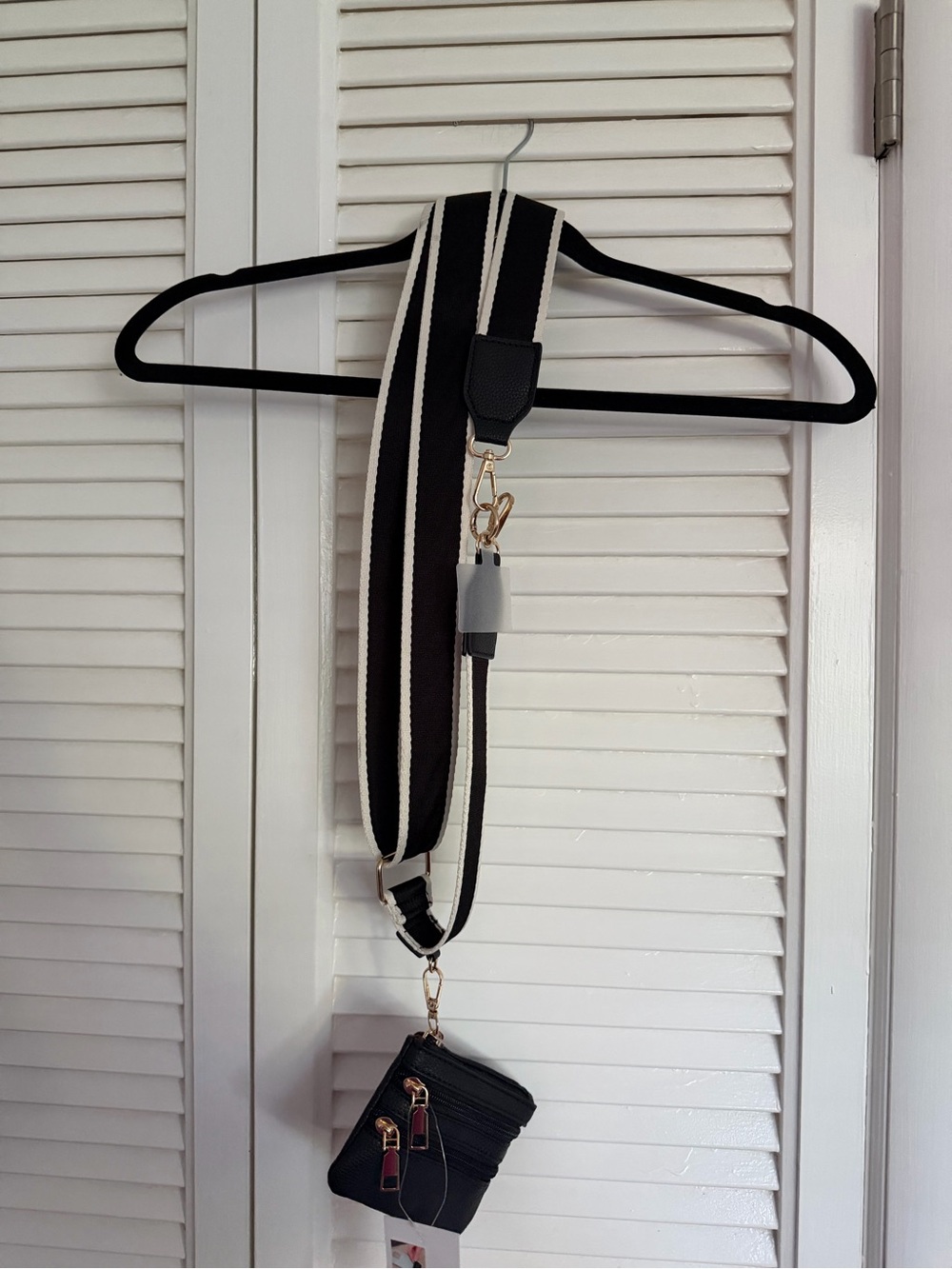 Adjustable Black and White Stripe Crossbody Phone Strap with Black Pouch